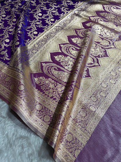 Purple Contrast Shades Jaal Pattern Banarasi Satin Silk Saree SS47