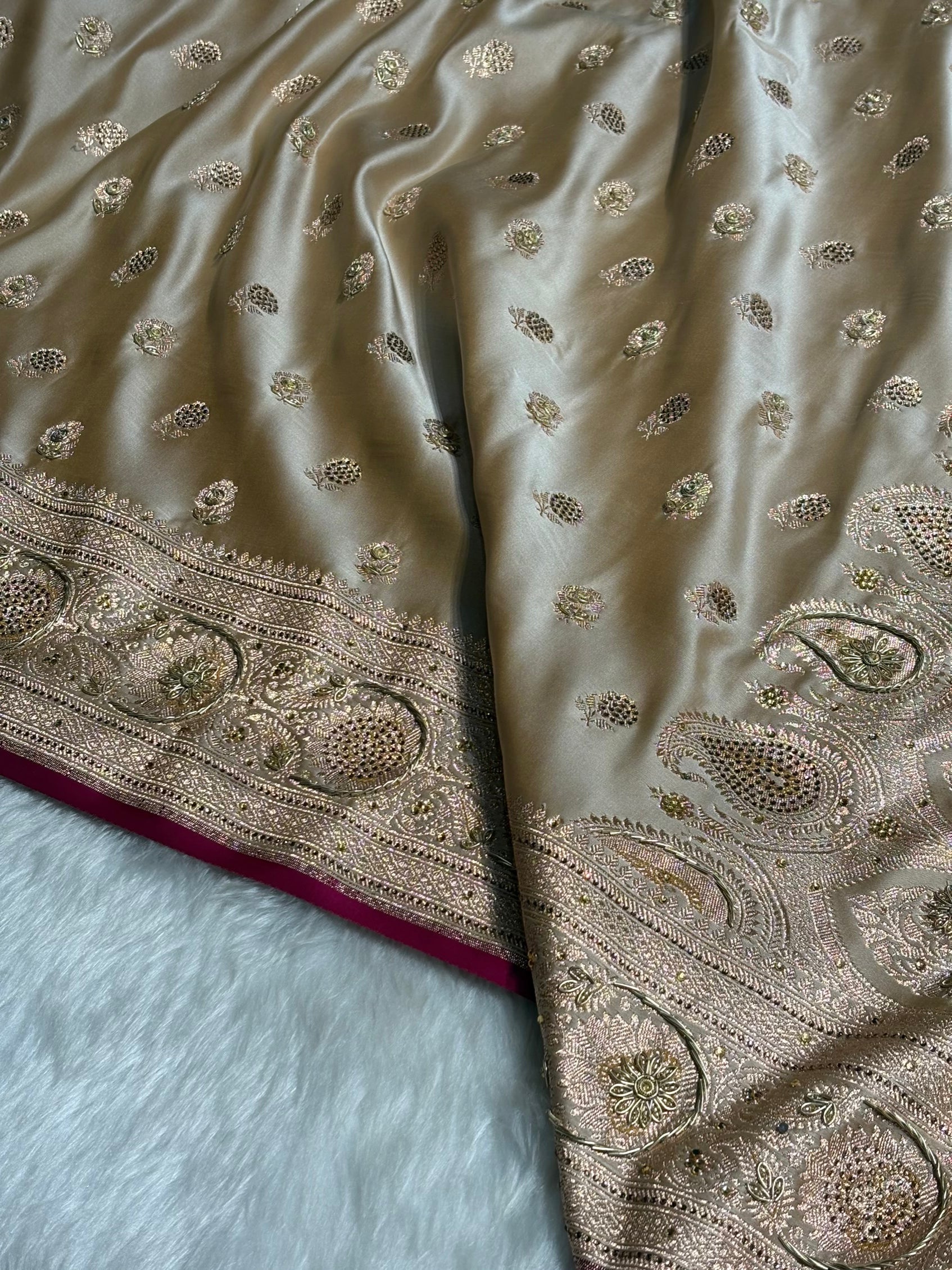 Tusser  Shades Booti Katan Silk Saree with Stone & Zardozi Work BSK12