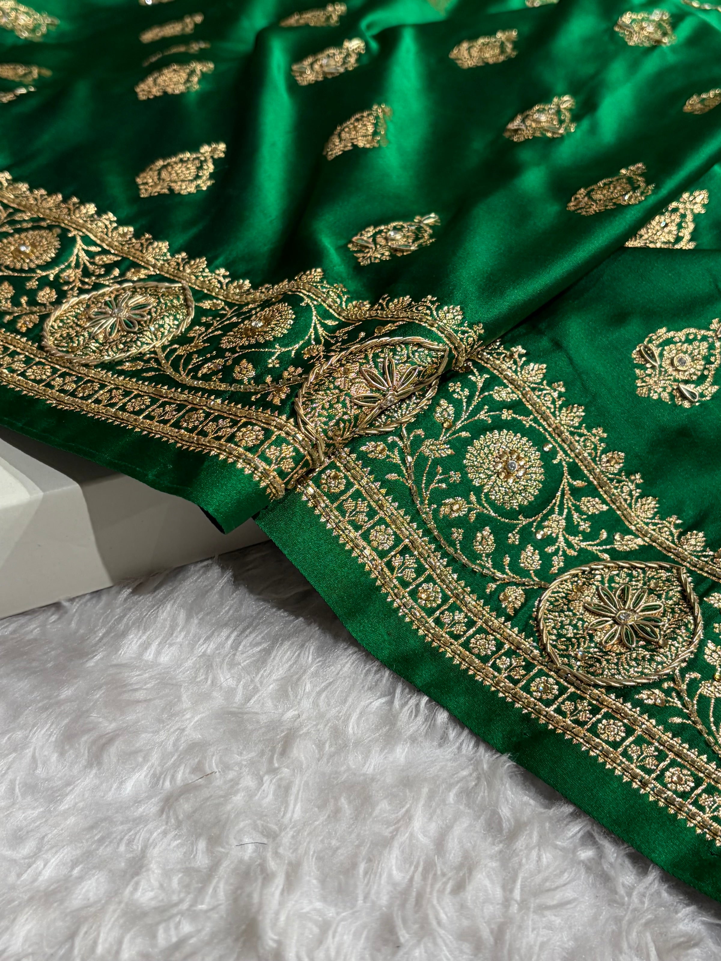 Banarasi Satin Katan Saree With Aari Zardozi Work Boota in Bottle Green Shades BSK98