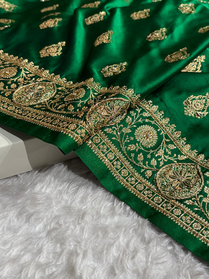 Banarasi Satin Katan Saree With Aari Zardozi Work Boota in Bottle Green Shades BSK98