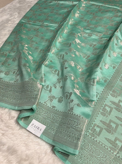 Sea Green Banarasi Jaal Pure Caramel Silk Saree CS-07