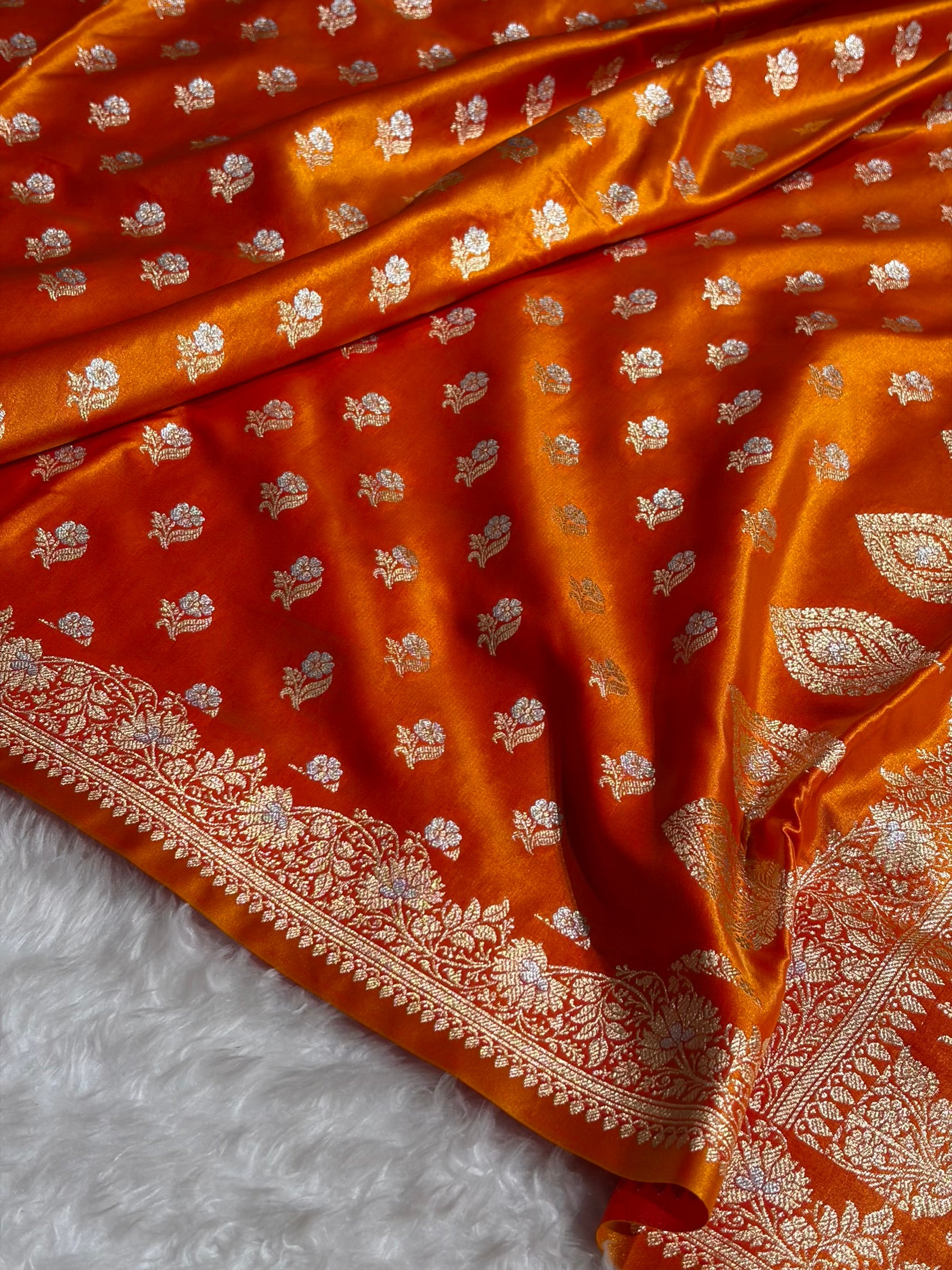 Banarasi Satin Silk Meena Boota in Fire Gold Shades SS38