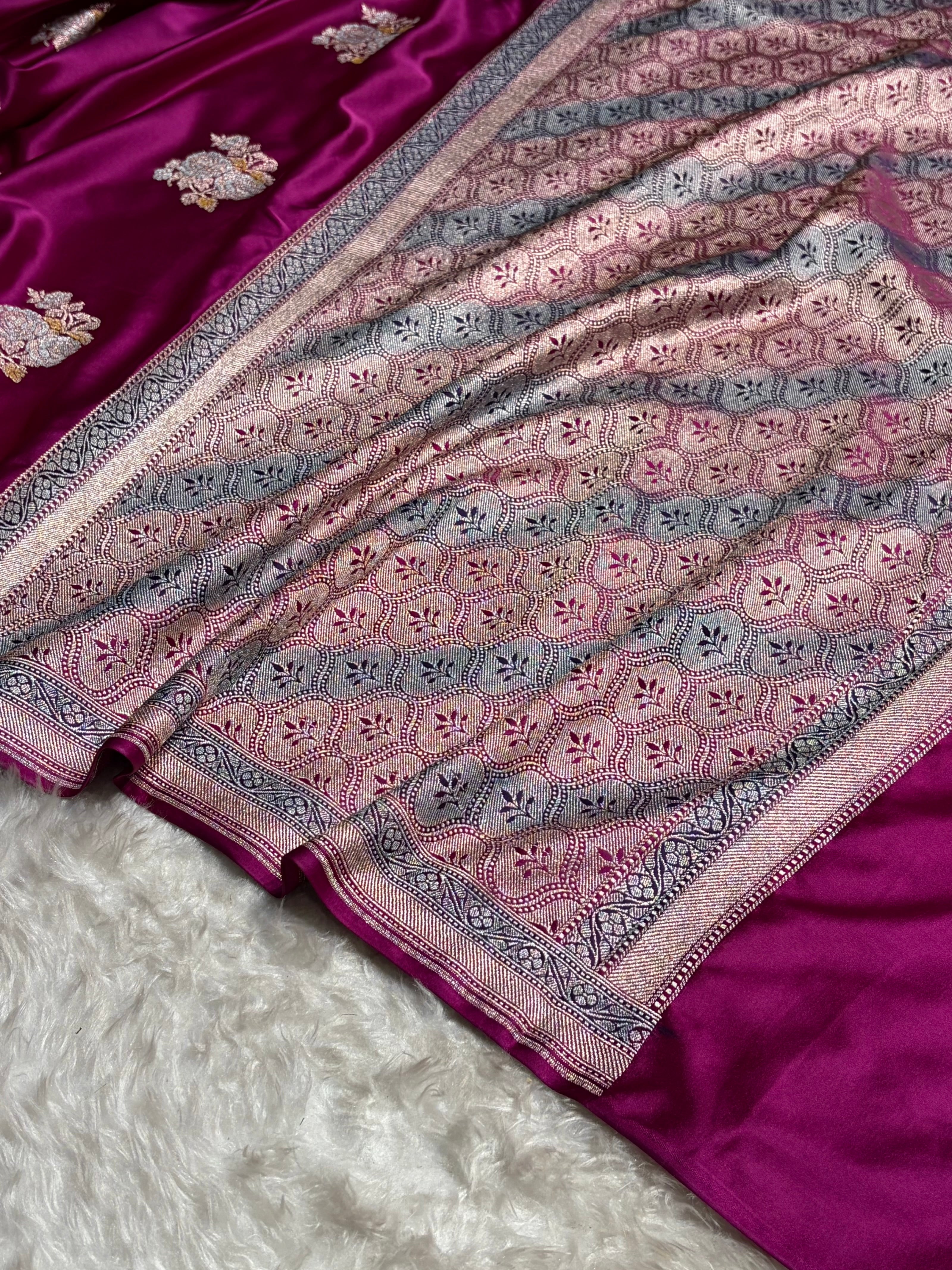 Wine Sona Rupa Minakari Floral Motif Mashru Silk Saree MS50