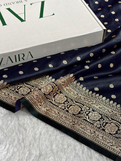 Dark Navy Katan Silk Saree In Booti motif SK01