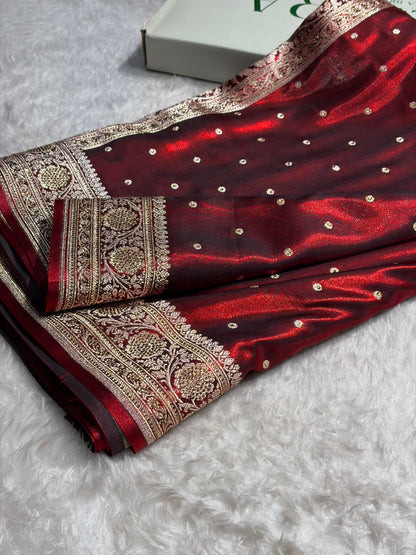 Banarasi Satin Silk Dot Booti in Maroon Shades withSwarovski work BSS08