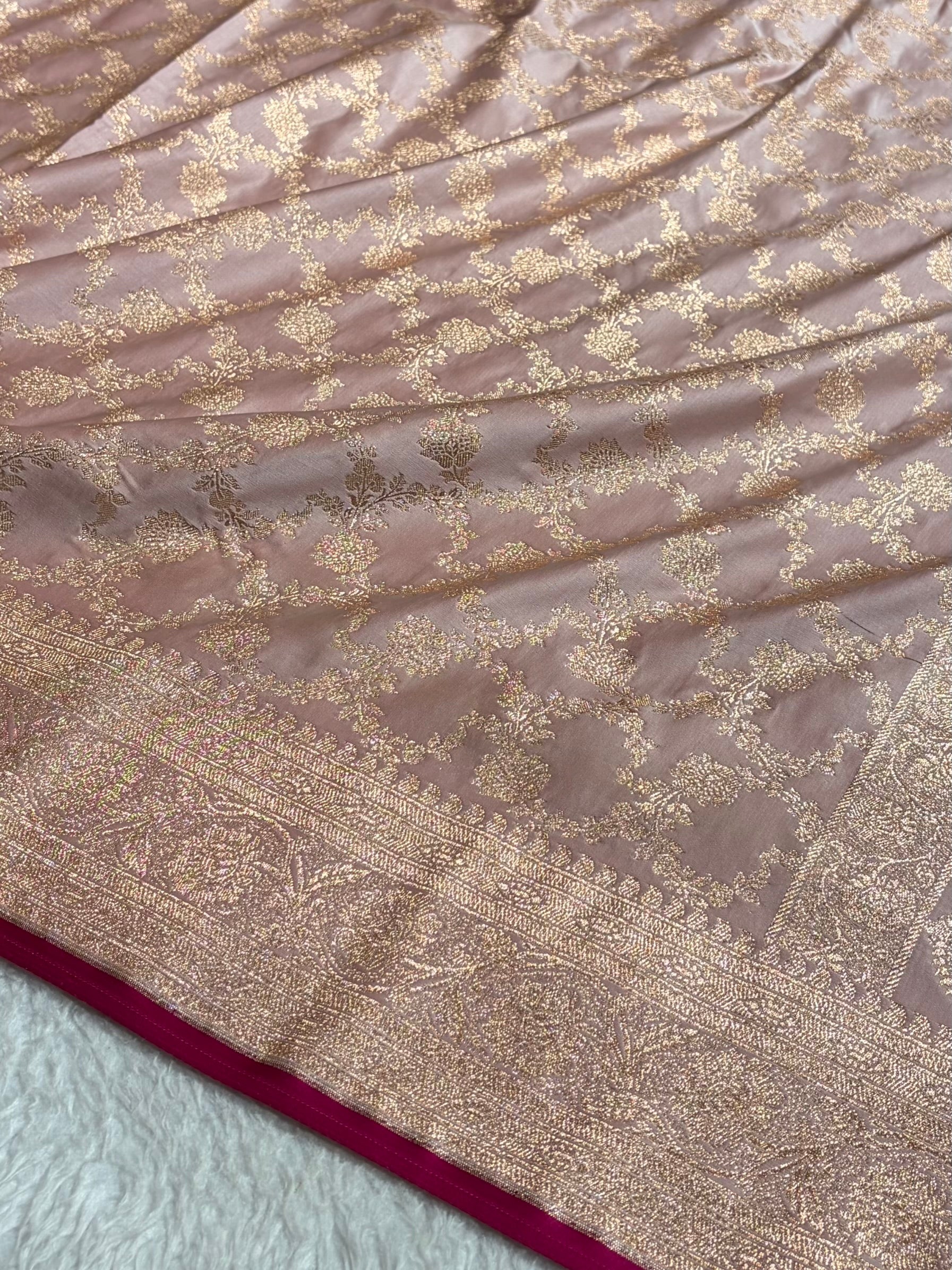 Banarasi Rose Gold Jaal Pattern Satin Katan Silk Saree SK25