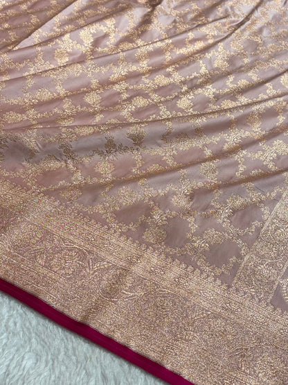 Banarasi Rose Gold Jaal Pattern Satin Katan Silk Saree SK25