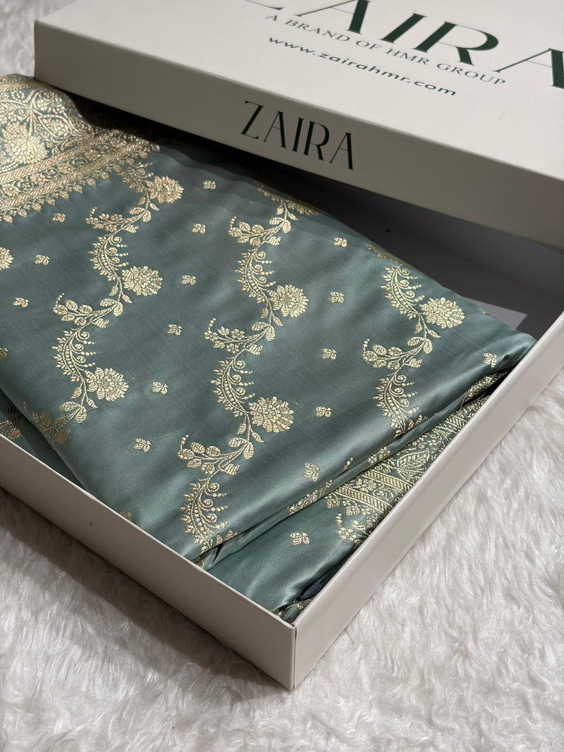 Banarasi Satin Katan Saree With Jaal Pattern in Pastel Grey Shades SK121