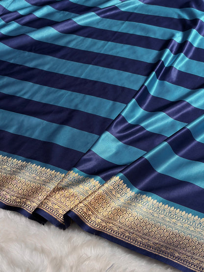 Sky Blue With German Blue Horizontal Strips Floral Border & Brocket Blouse Mashru Silk Saree MSM-84
