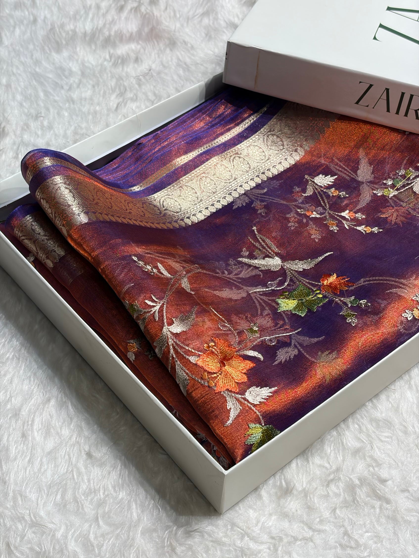 Rustic Purple Shades With Floral Embroidered Pure Tissue Silk Saree with Brocade Blouse PTE-09