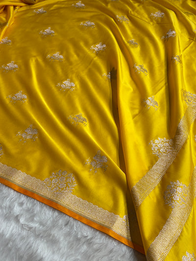 Banarasi Summer Yellow Shades Floral Mashru Silk Saree MCS87