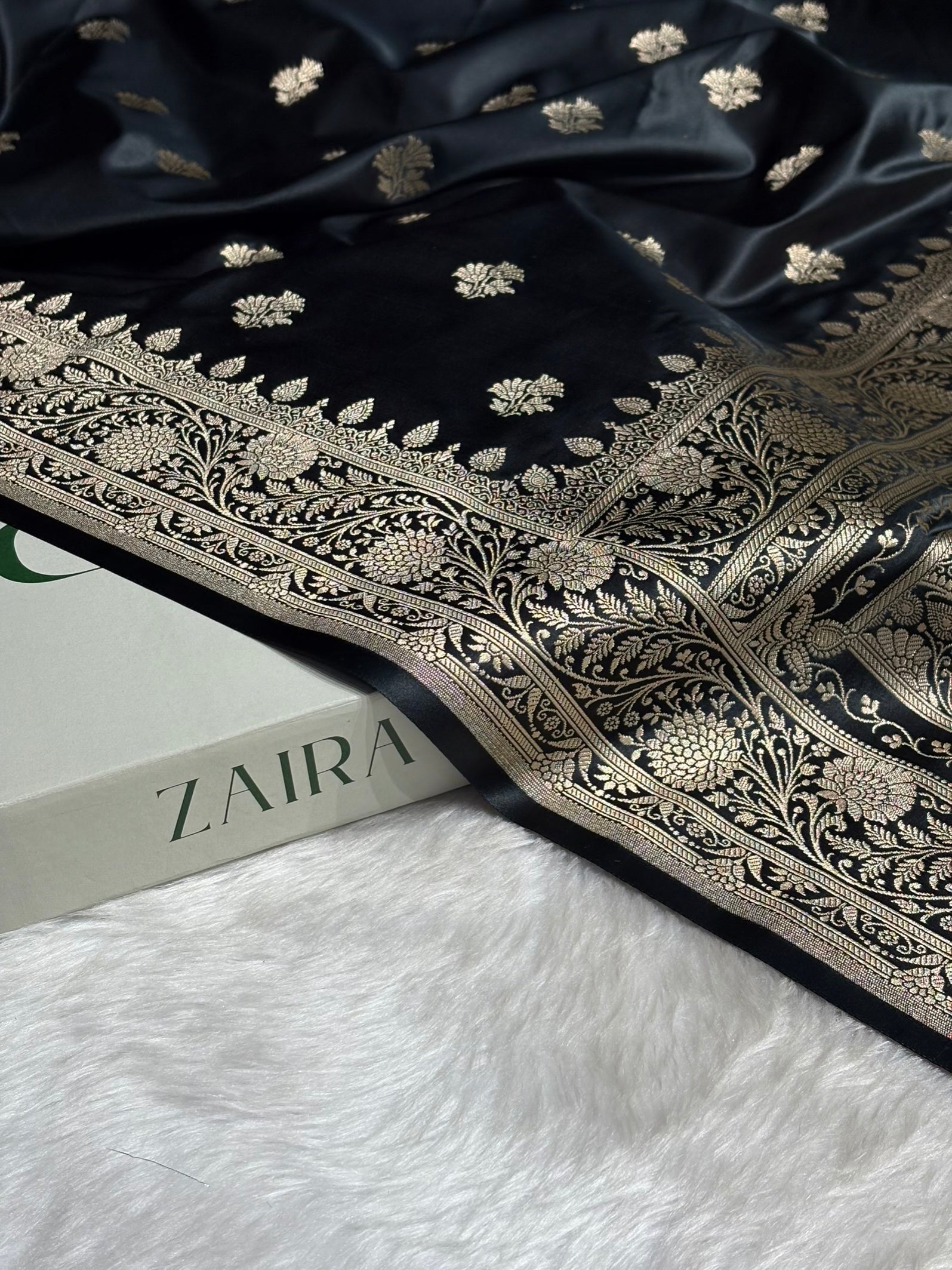Black Shades Floral Boota Satin Katan Silk saree SK32