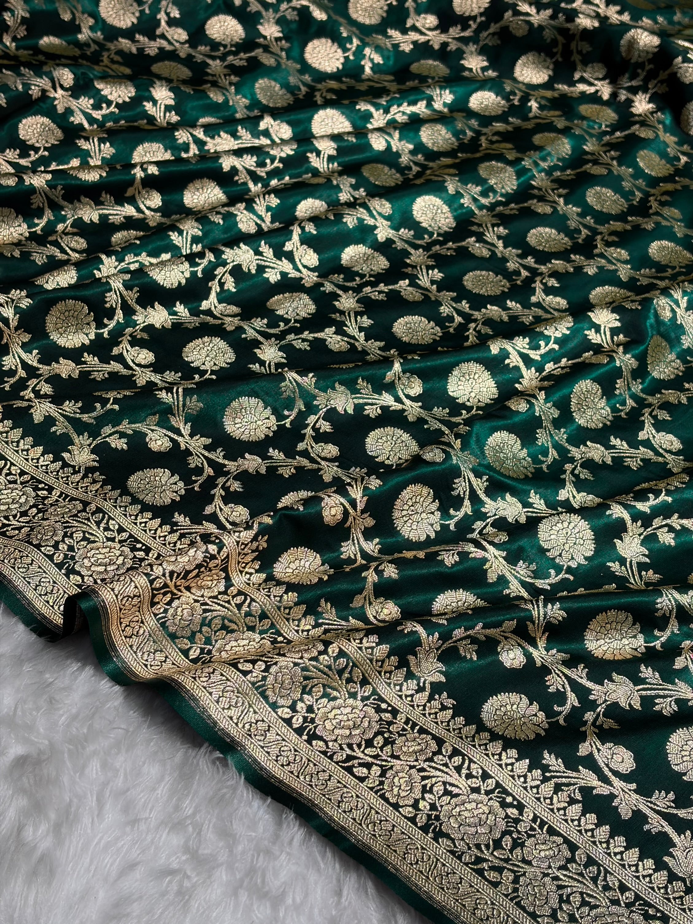Banarasi Light Weight Dark Bottle Green shades Satin Silk Saree SS15