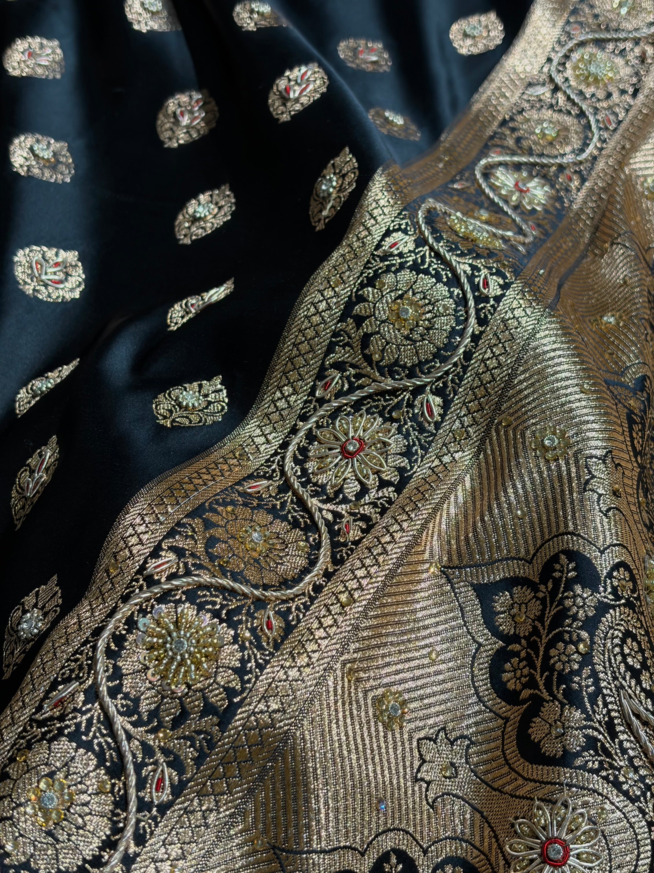 Banarasi Boota Katan Silk Saree In Black Shades With Ari Zardozi Work BSK02