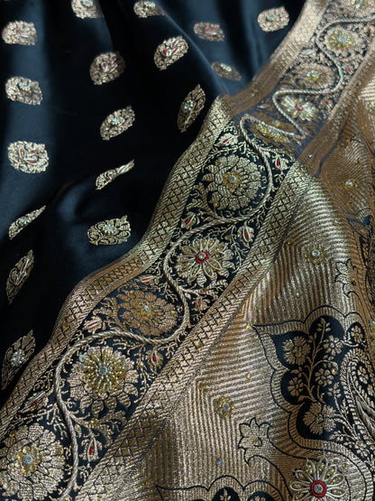 Banarasi Boota Katan Silk Saree In Black Shades With Ari Zardozi Work BSK02