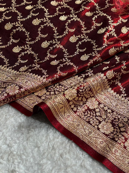 Maroon Shades Jaal Pattern Banarasi Satin Silk Saree SS43