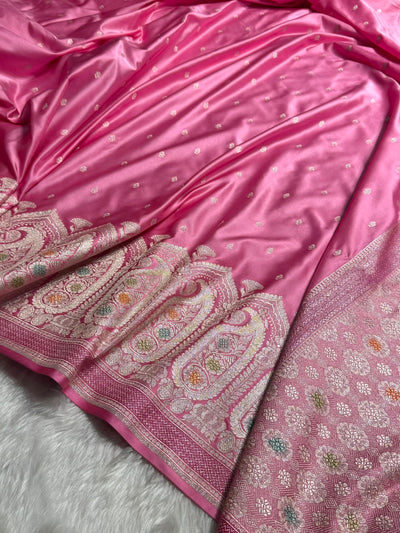 Banarasi Skirt Border Pattern in Baby Pink Shades Floral Mashru Silk Saree MCS95