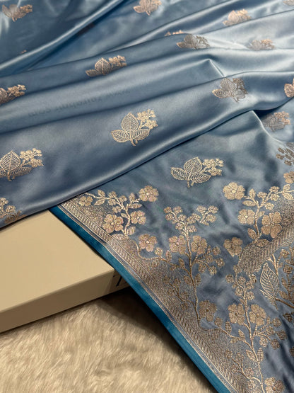 Banarasi Sky Blue Shades With Floral Border Mashru Silk Saree MCS83