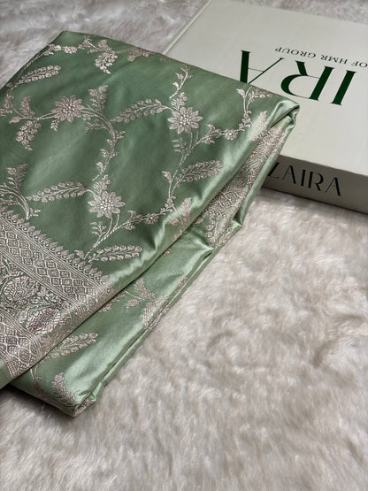 Light Pista Banarasi Jaal Mashru Silk Saree MS23