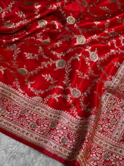 Light Weight Red Satin Silk Saree with Swarovski work BSS14