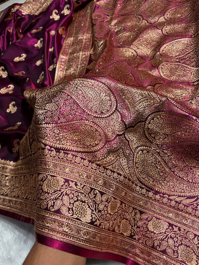 Satin Silk Saree Treditional Swarovski Work Floral Boota in Wine Shades BSS27