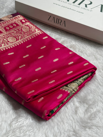 Contrast Rani / Green Floral Booti Banarasi Satin Katan Silk Saree SK14