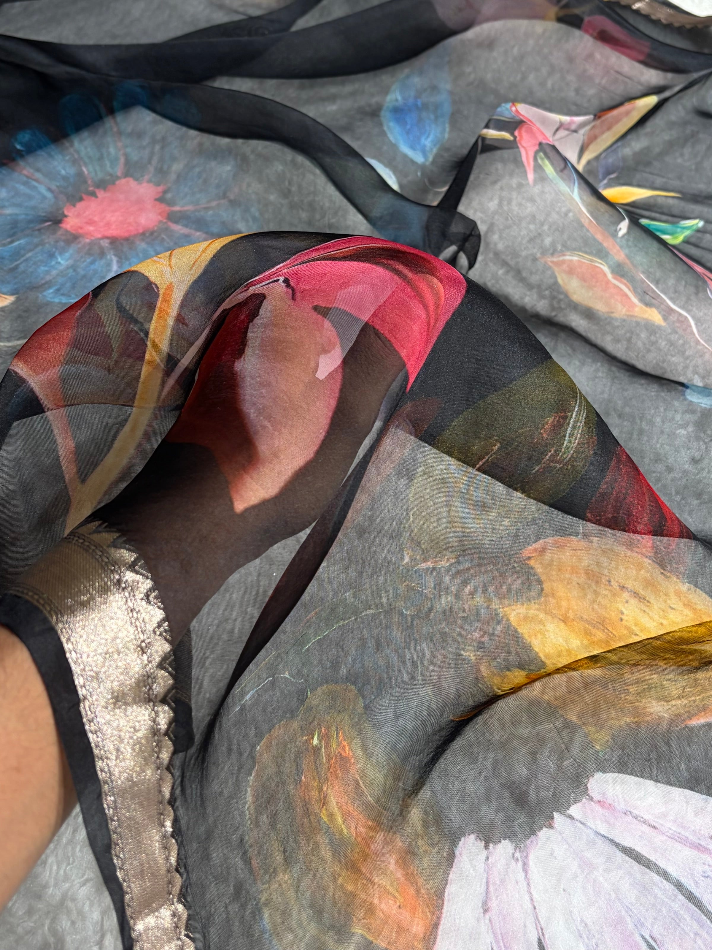 Organza with Pastel Multicolor Florals & Gold Zari Border POP20