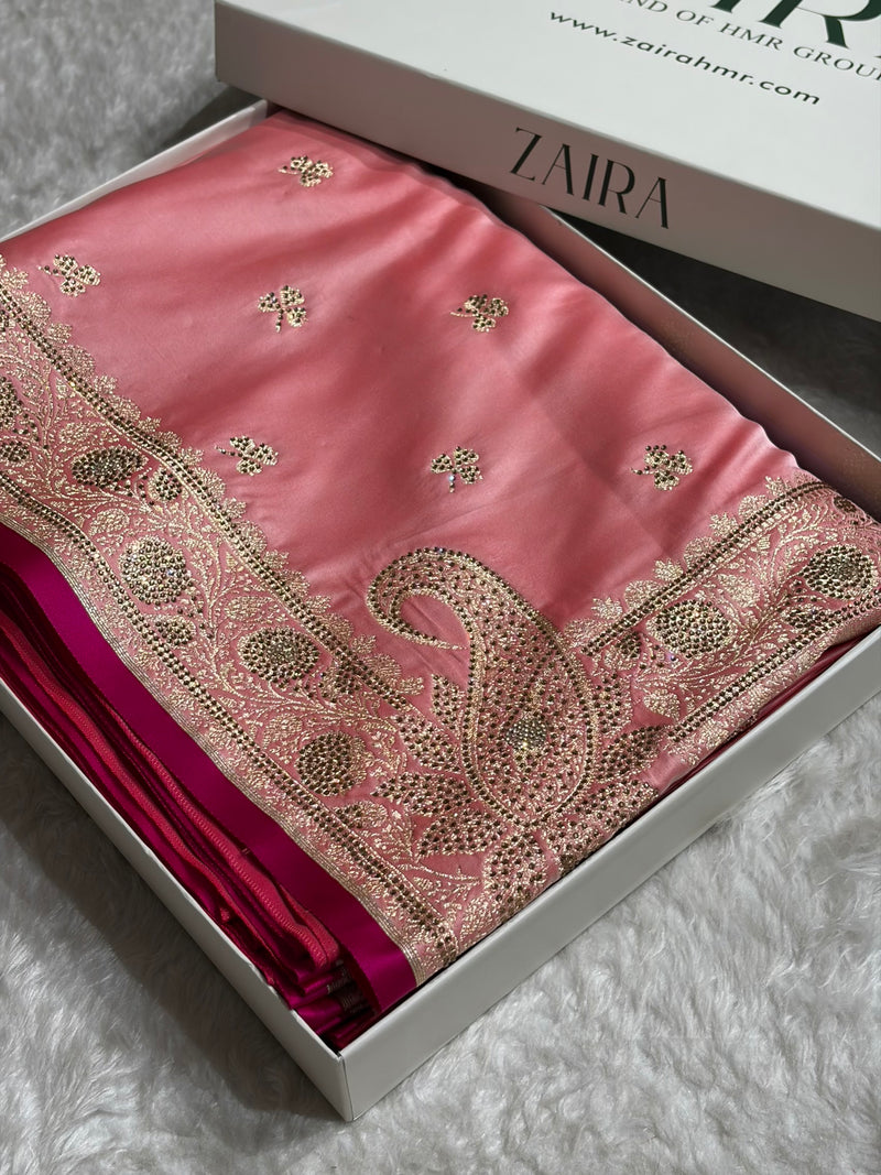 Banarasi Baby Pink Booti With Swarovski Work Katan Silk Saree BSK09