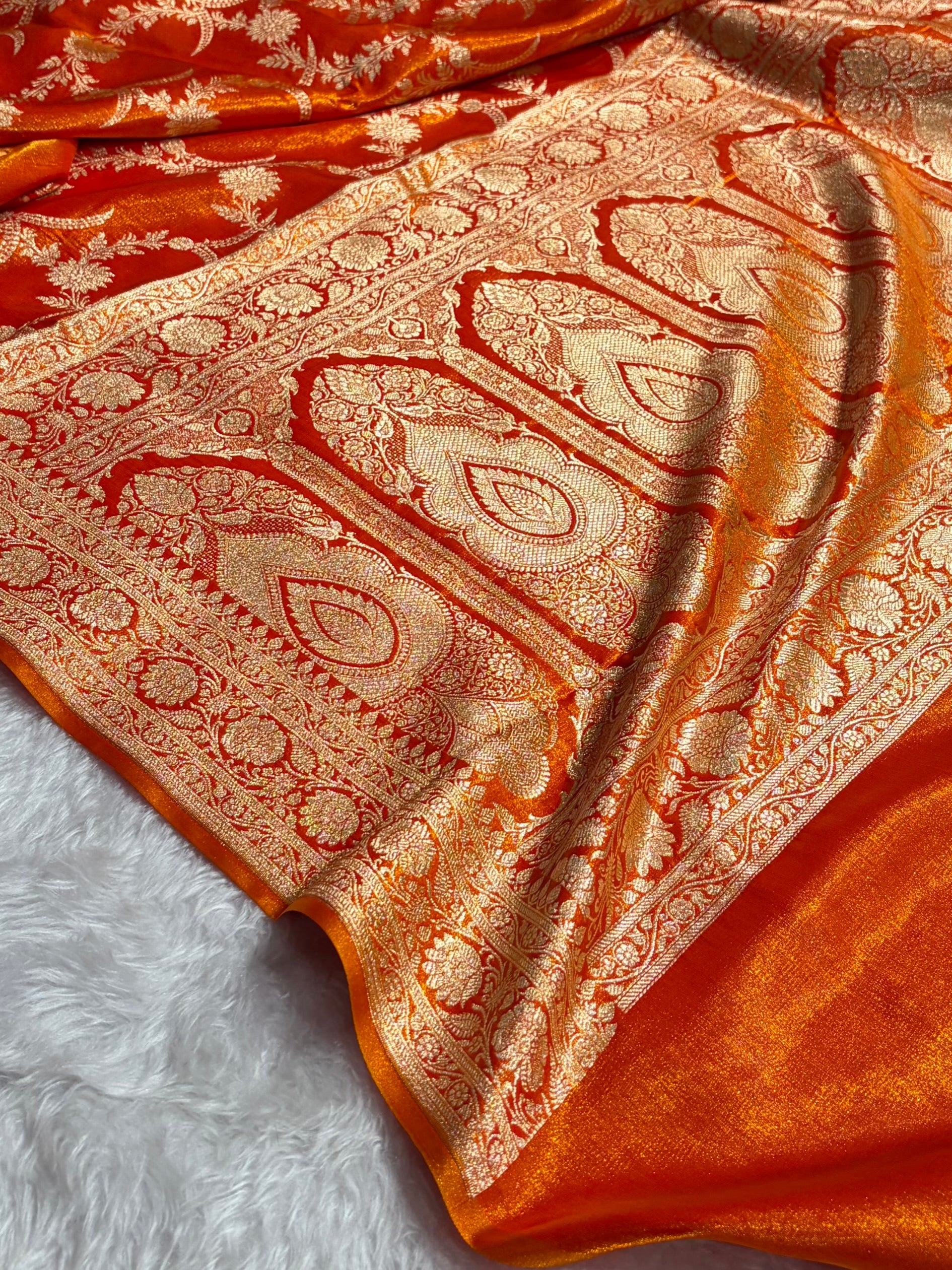 Satin Silk Banarasi Jaal In Fire Gold Shades SS18