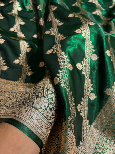 Bottle Green Shades Cross Pattern Banarasi Satin Silk Saree SS50