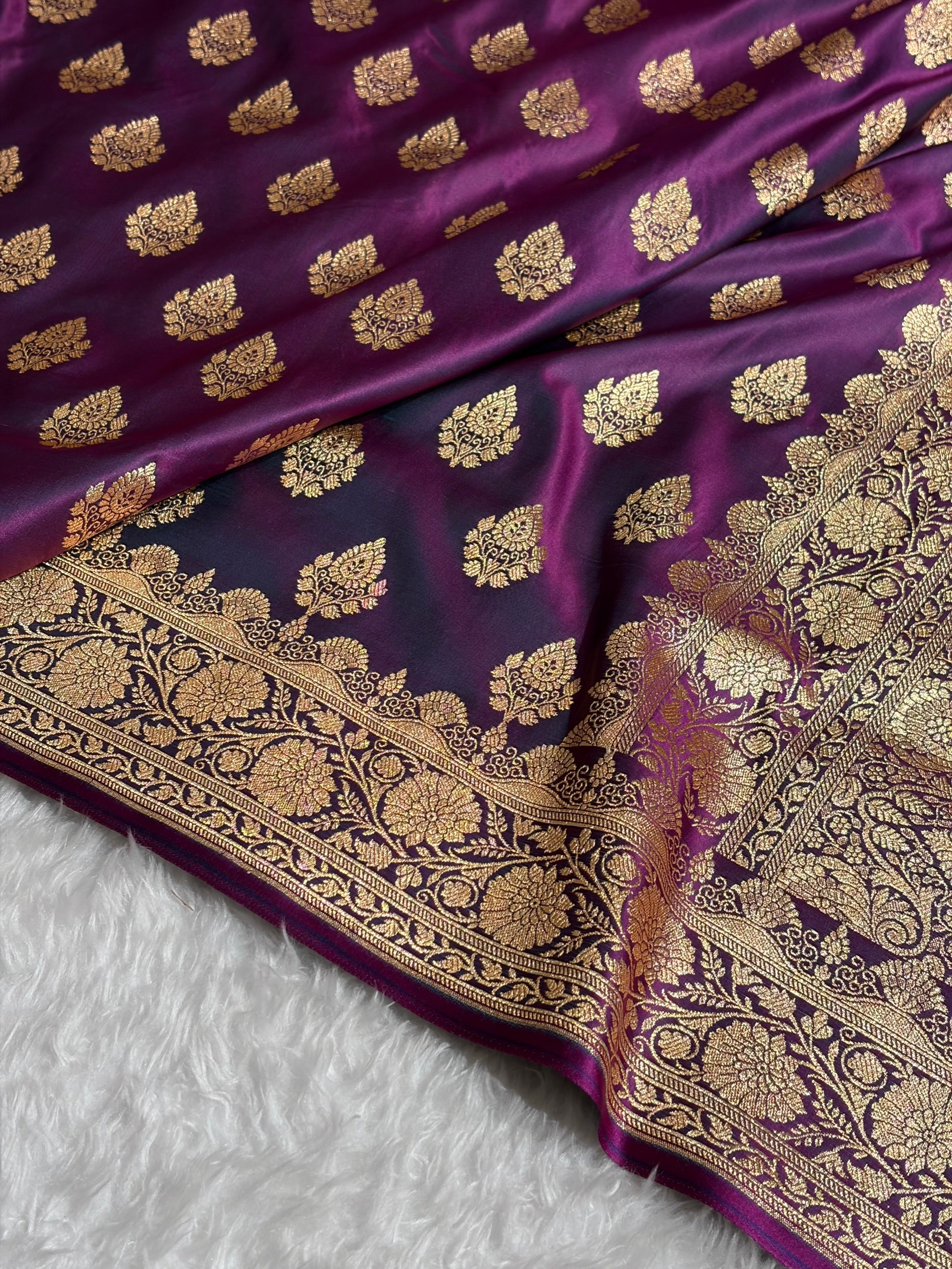Cross Wine Floral Boota Pattern Satin Katan Silk saree SK45