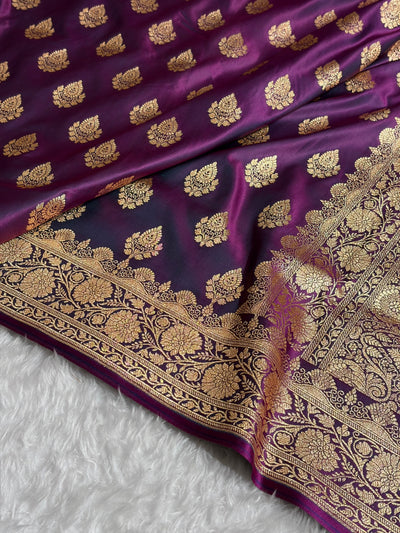 Cross Wine Floral Boota Pattern Satin Katan Silk saree SK45