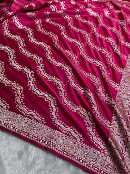 Banarasi Minakari Cross Pattern in Rani Pink Shades Mashru Silk Saree MS93