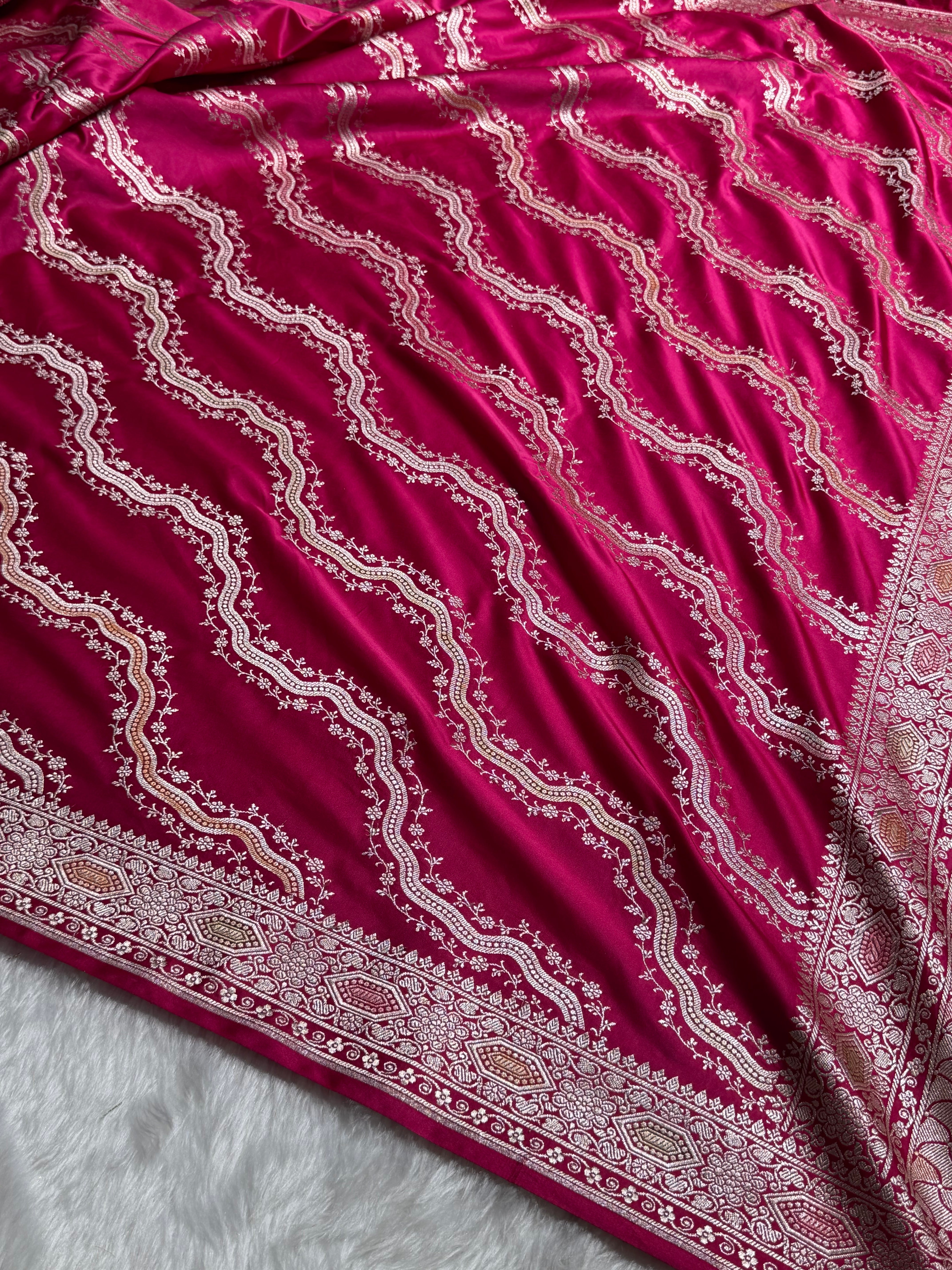 Banarasi Minakari Cross Pattern in Rani Pink Shades Mashru Silk Saree MS93
