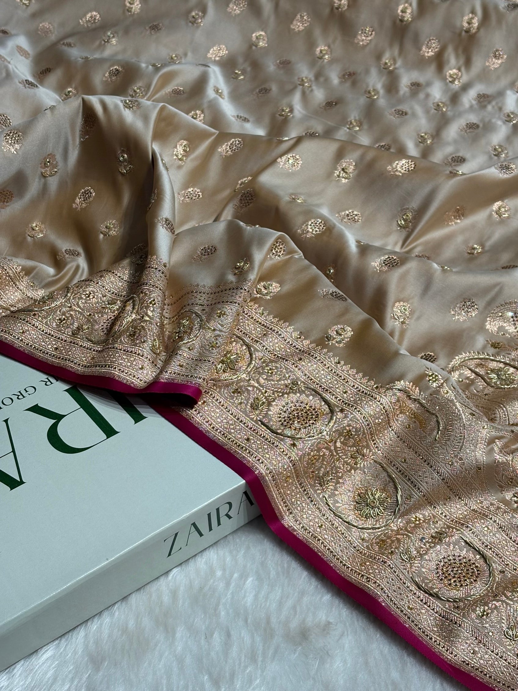 Tusser  Shades Booti Katan Silk Saree with Stone & Zardozi Work BSK12