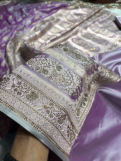 Banarasi Lavender Shades Tanchoi Motif With Swarovski Work Mashru Silk Saree BMST-10