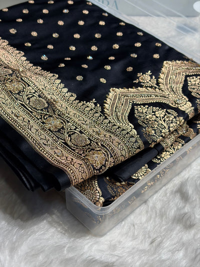 Banarasi Black Katan Silk Saree With Ari Zardozi and Swarovski stone work BSK01