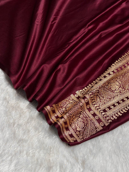 Garnet Shades Cross Floral Pattern Satin Katan Silk Saree SK79