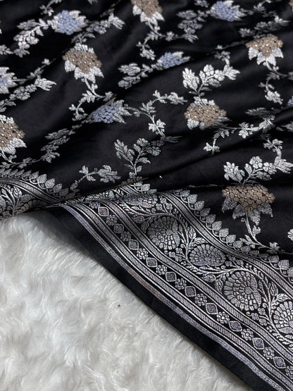 Banarasi Black Shades Jaal Pattern Mashru Silk Saree MS57