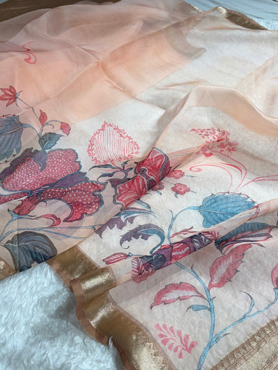 Light Peach Organza with Pastel Multicolor Florals & Gold Zari Border POP07