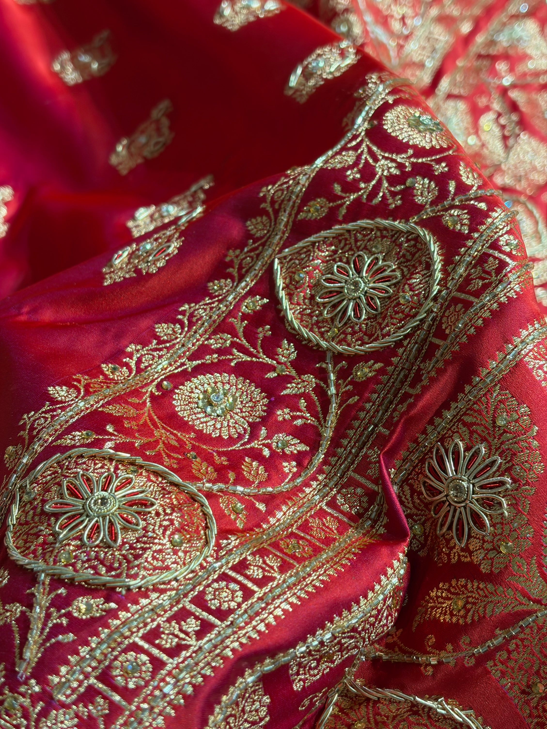 Banarasi Satin Katan Saree With Aari Zardozi Work Boota in Cross Red Shades BSK98