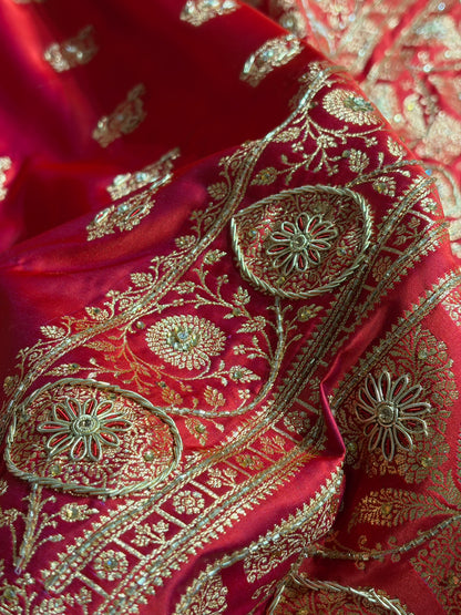 Banarasi Satin Katan Saree With Aari Zardozi Work Boota in Cross Red Shades BSK98