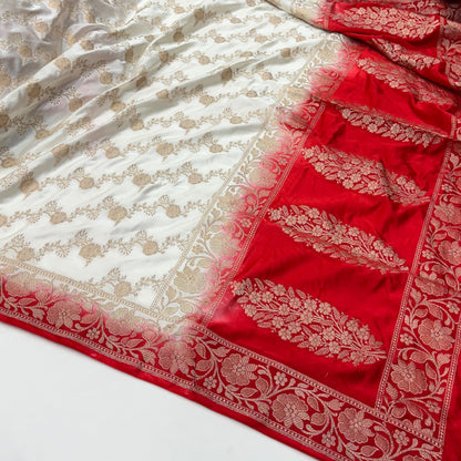 White - Red Border Banarasi Jaal Mashru Silk Saree