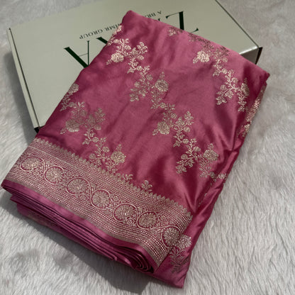 Banarasi Pattern Dusty Baby Pink Mashru Silk Saree