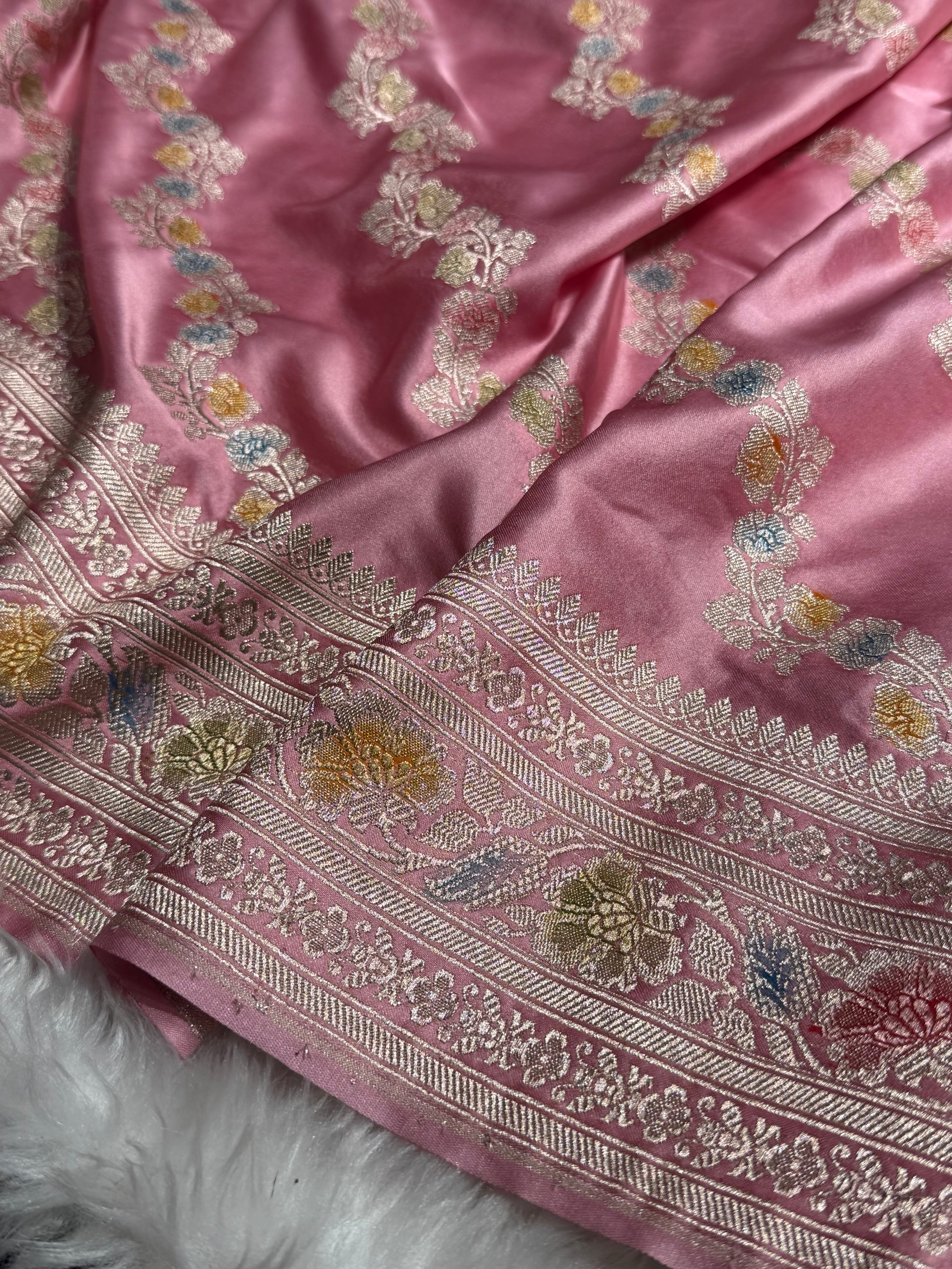 Blush Pink Banarasi Minakari Mashru Silk Saree With Cross Pattern MS02