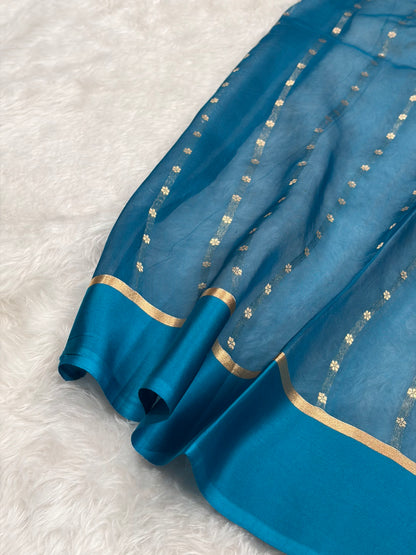 Pure Banarasi Organza Firozi Shades With Floral Banarasi Silk Saree PO-29