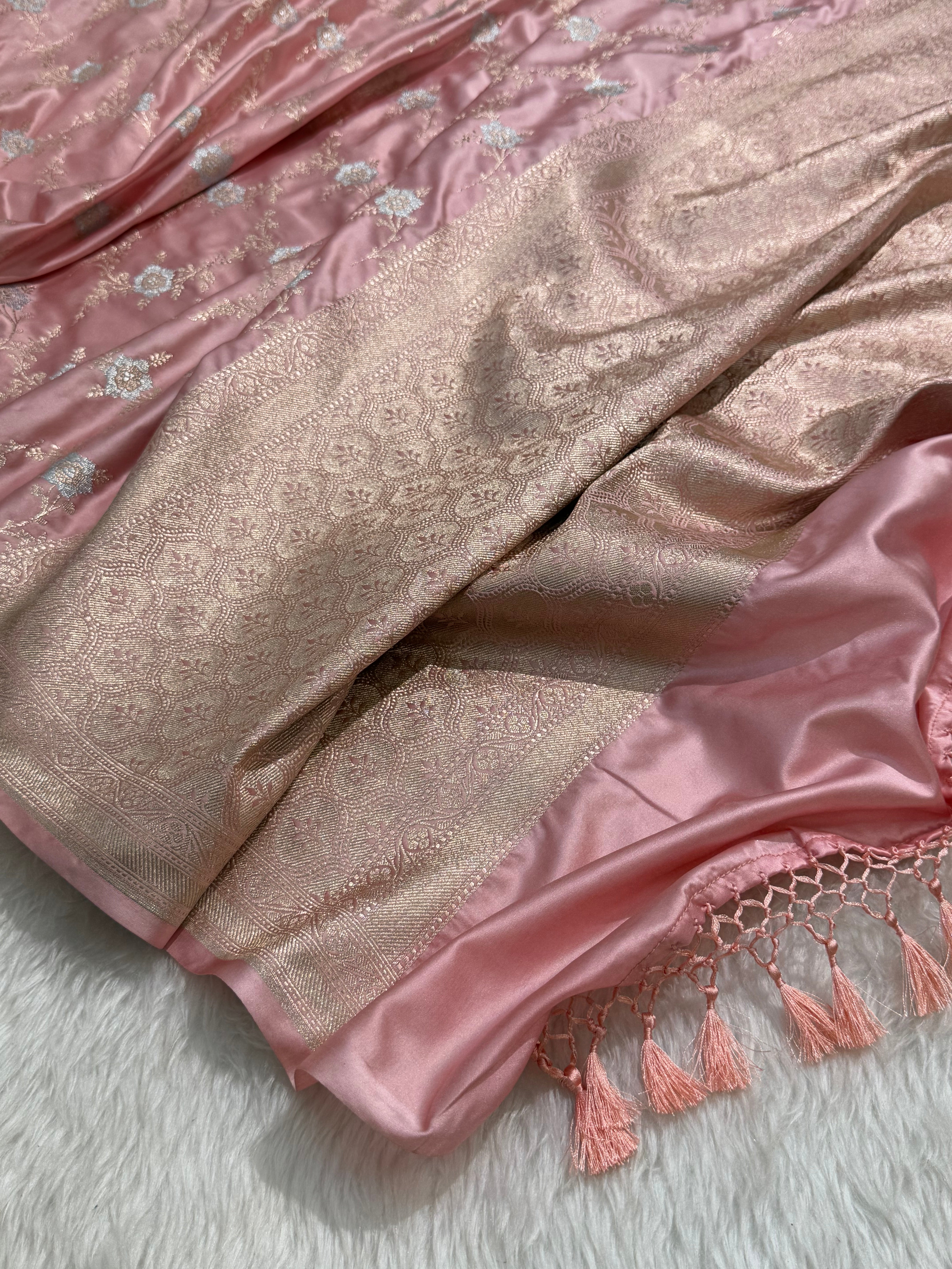 Baby Pink Banarasi Minakari Rupa Sona Jaal Mashru Silk Saree