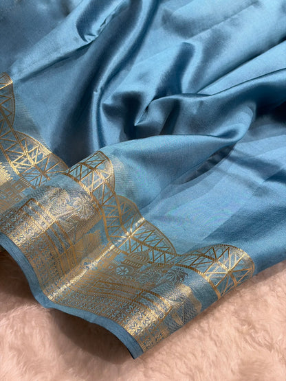Banarasi Navy Blue With Firozi Contrast Shade Flower Boota Pure Caramel Mango Silk Saree CS-18