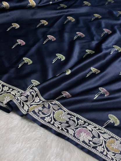 Navy Blue Shades Banarasi Minakari Floral Booti Mashru Silk Saree MS55