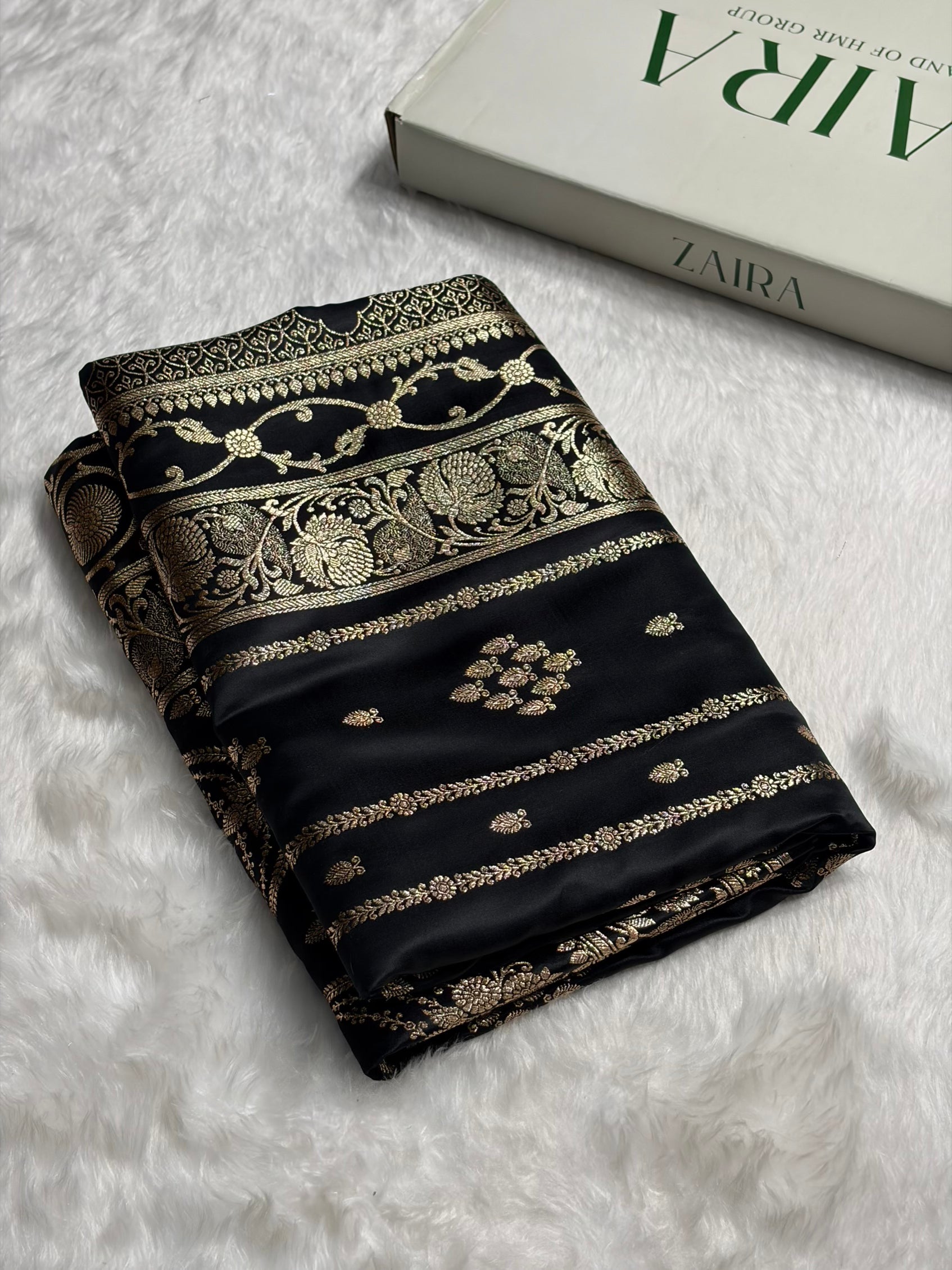 Black Floral Boota Pattern Satin Katan Silk saree SK39